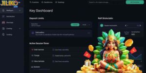 Dashboard showing deposit limits, session timer, and self-exclusion settings.
